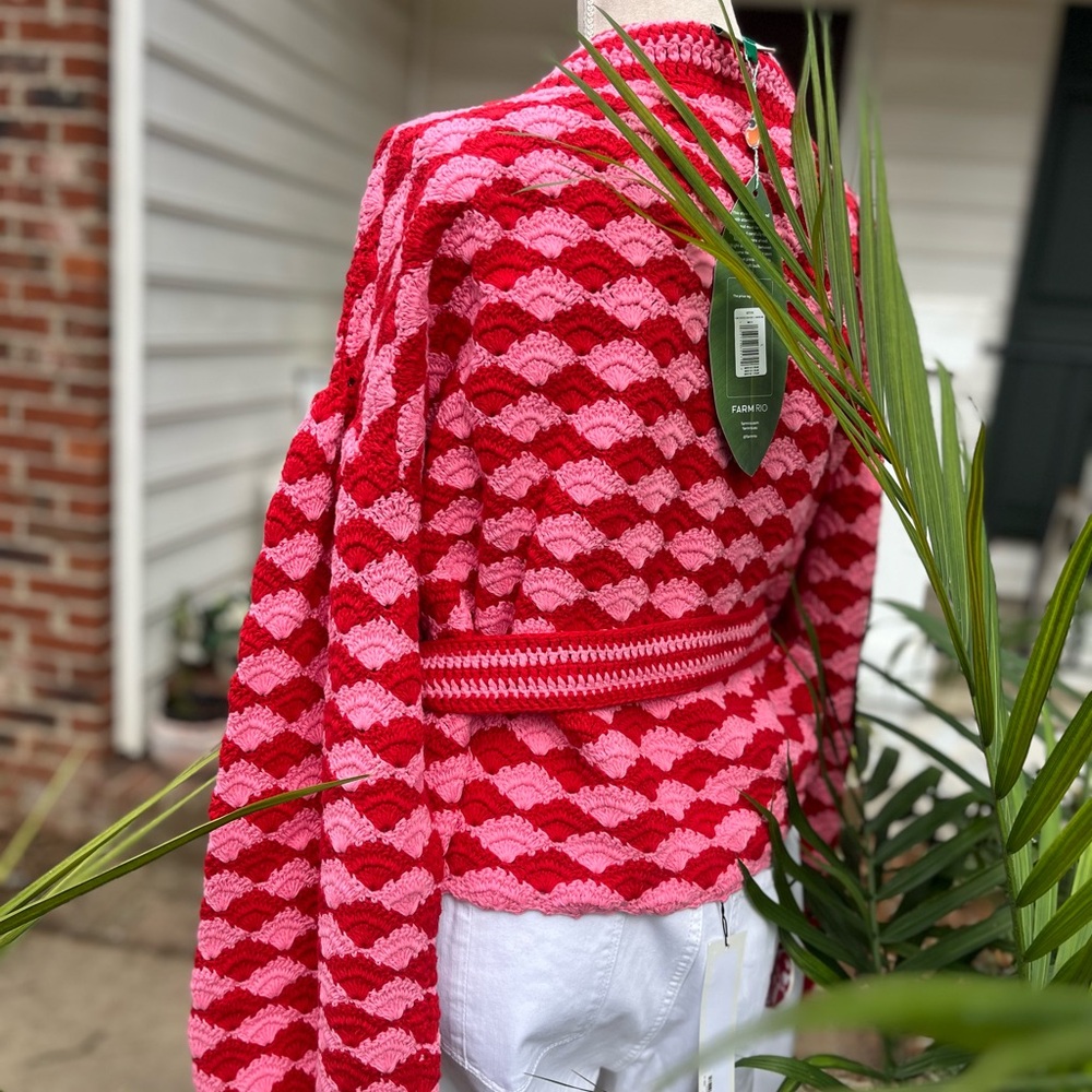FARM Rio 🍃 HTF ✨ Fan Stitch Belted Crochet Cardigan, Red + Pink, Size Large, NEW - Picture 14 of 14